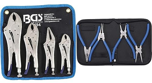 BGS 494 | Gripzangen-Satz | 4-tlg. | Gripzange 140/185 / 220 mm & 447 | Sprengringzangen-Satz | 4-tlg. | 175 mm | Seegering-Zangen | gebogen | gerade | rutschhemmend | inkl. Tasche