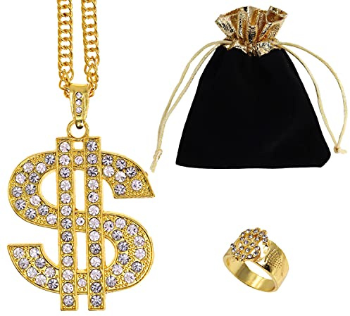 Casoter Hip Hop Costume Dollar Sign Necklace Ring Set,80s/90s Rapper Fake Gold Chain Costumes for Adult Men Women Dollar Medallion String Cord Birthday Party Favor, One Size