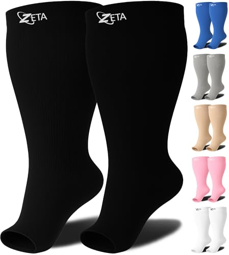 Zeta Wear Kompressionsstrümpfe dicke Waden, Kurze Länge, bequeme unterstützung, verhindert Schwellungen, Schmerzen, Ödeme, DVT, große Manschetten, Den mit offener Spitze (3XL, Schwarz)
