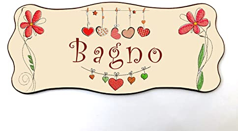 Targa per porta in legno stile shabby chic con scritta bagno, per decorare le porte interne di casa. La targhetta misura cm 9x21 spessore 7 millimetri, con biadesivo