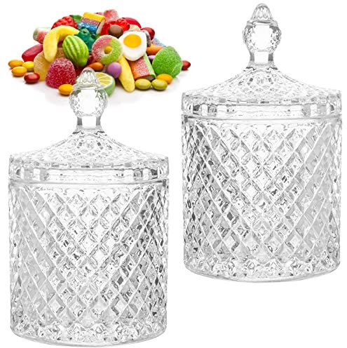 AMJKEJI 2 Pcs Cotton Bud Holder Organizer Home Decor Clear Glass Storage Jars with Lid Sweet Jars Bathroom Accessory Makeup Vanity Cotton Balls Wool Swab Pads Q Tip Holder Jars