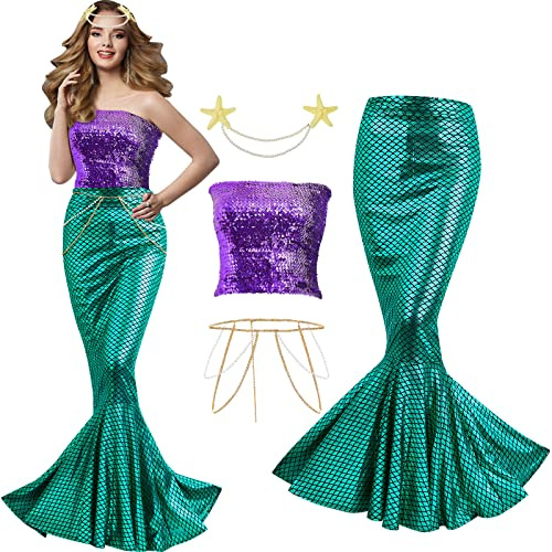 Newcotte 4-teiliges Meerjungfrauenkostüm für Damen mit Pailletten-Top, Rock, Perlen-Taillengürtel und Kopfkette für Halloween-Cosplay