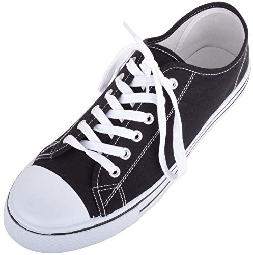 Absolute Footwear Womens Canvas Lace Up Trainers Plimsolls, Rubber Toe Cap, Black/White, UK 6 / EU 39