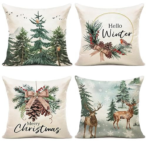 YCOLL Kuddöverdrag med julmotiv, set med 4 kuddöverdrag i bomullslinne, örngott, soffkuddar, soffkuddar som juldekorationer, 50 x 50