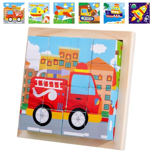 Cubo de Imágenes de Madera, Rompecabezas 3D 6 en 1 con Motivos de Transporte, 16 Dados, Juguete Montessori para Niños de 1 a 4 Años