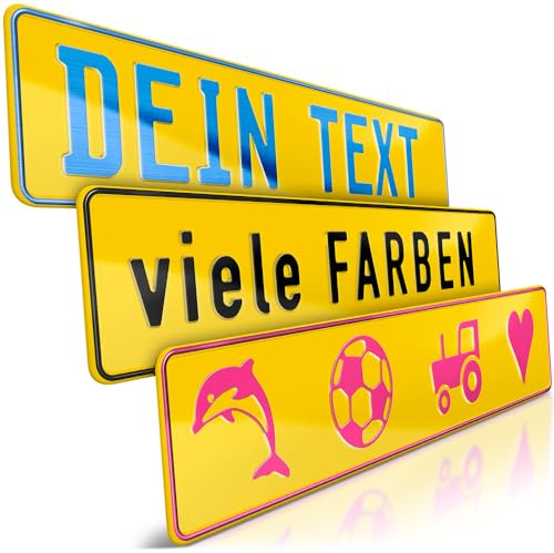 1 Fun-Schild geprägt | Gelb mit Wunschtext bis zu 16 Zeichen | Namensschild | Individuelles Fun-Kennzeichen aus Aluminium | Auto-Kennzeichen | Optional Löcher & Saugnäpfe