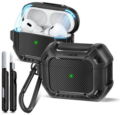 MOBOSI für AirPods Pro 2 Hülle mit Reinigungsset & Sicherem Verschluss & Karabiner, Kompatibel mit Magsafe, Starker Fallschutz, Militär-Grad Stoßfest Schutzhülle für AirPod Pro 1/2 Generation, Schwarz
