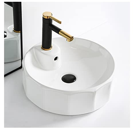 Aufsatz-Waschschale Weißes rundes Badezimmerwaschbecken aus Keramik mit Abfluss und Wasserhahn, Badezimmerwaschbecken über der Theke, Badezimmer-Waschbecken, Keramik-Waschbecken, Aufsatzwaschbecken Wa