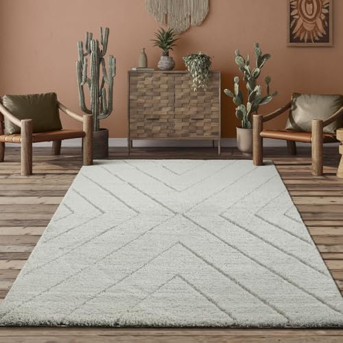 the carpet Bahar Shaggy Elegant Designer Living Room Rug, Soft & Easy-Care High Pile Living Room Rug in Cream Diamond 80 x 150 cm