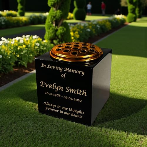 Personalised Granite Memorial Vase, Solid Granite, Heavy 8kg, Engraved 6x6x6 Inch, Gold Lettering, Crematorium, Grave Marker, Grave Side, Garden Memorial