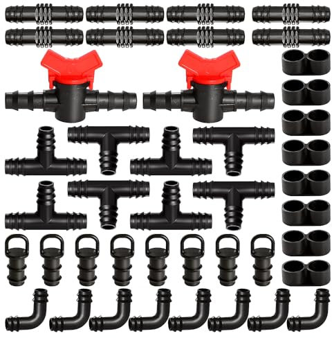 VooGenzek 42 Piezas Juego de Accesorios de Irrigación para Tubos 16mm, Conectores de Púas de Manguera para Sistemas de Riego, Válvulas de Compuerta, Tees, Acoplamientos, Codos, Tapones de Tapa, Tapón