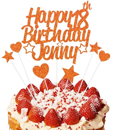 EKAM Personalised Happy Birthday Cake Topper, Customised with Any Age Name Party Cake Decoration, Glitter Card Cake Topper With Heart Star Cup Cake Toppers - 9Pcs (Prime, Orange)