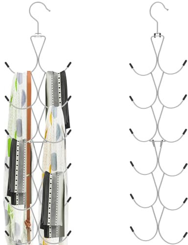 2Pcs Scarf Hanger with 12 Hooks, Metal Hanging Scarf Organiser, 360° Rotating Scarfs Rack Space Savers Foldable Scarfs Holder Multifunctional Purse Hanger for Closet Scarves Shawl Belt(Silver)