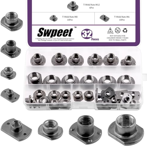 Swpeet 32pcs M6 M8 M10 M12 Kit écrou de soudage en t noir, base de patte UNC vis pour machine en acier au carbone, fixation de capot de soudage, idéal pour les roulettes de véhicules de meubles