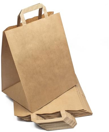 Daybays Papiertüten mit henkel 26+20x28 cm, Braun 250 Stück | Kraftpapiertragetaschen mit Flachhenkeln, Papiertaschen für Einkauf, Verpackung, Geschenke, Lebensmittel und Alltag