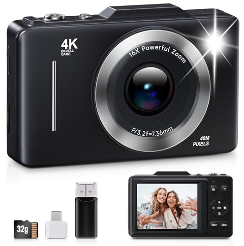 Appareil photo numérique FHD 1080p pour enfants avec zoom 16x anti-tremblement, carte de 32 Go, 4K 48 MP, appareil photo compact et portable, petit appareil photo vintage pour adolescents, débutants