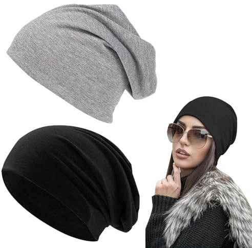 Comioke Beanie mössa för män och kvinnor, klassisk mössa mössa, lätt och elastisk, 2 st. huvudbonader av jerseybomull, lätt löpning mössa unisex slouch stickade mössor lång beanie för vinter, Svart +