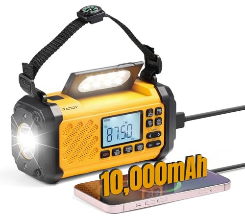 Raddy SH-906 Radio de Emergencia, 10.000 mAh, manivela, Solar, Am/FM/SW/VHF Portátil NOAA, Supervivencia, Linterna, Lámpara de Lectura, SOS, Brújula y Cargador de Teléfono para Camping al Aire Libre