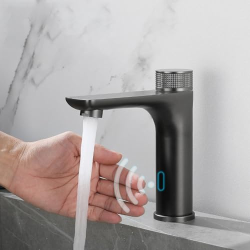 Puupaa Infrarot-Sensor-Waschtischarmatur, Waschbeckenarmatur, automatischer berührungsloser Sensor-Wasserhahn, Spültischarmatur mit Temperaturregelung für Badezimmer (schwarz)