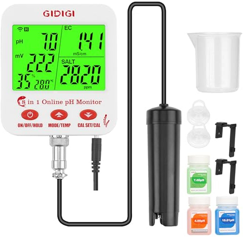 GIDIGI pH ppm WiFi-Monitor, intelligenter 8-in-1 Wasserqualitätstest, hydroponischer pH EC-Messer, pH TDS EC Salz ORP-Tester mit Kalibrierlösungs-Kit, Salzgehalt-Tester für Aquarien