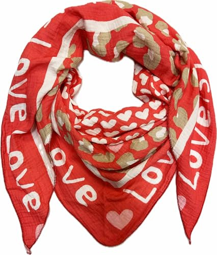 XL Dreieck Strickschal Herz Leopard Frühling Schal 100% Baumwolle Made in Italy Fashion Tuch Dreieckschal Stola Herbst Frühling Tuch Leo Love is Love Happy