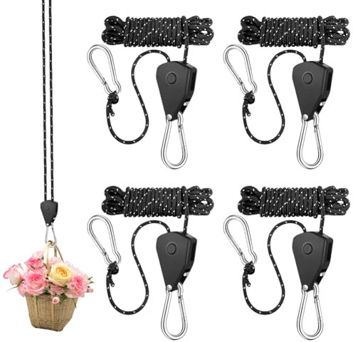 4 Stück Ratchet Hanger, 1/8 Zoll Verstellbare Seilratsche mit Haken, 2M Einstellbare Seilratsche, 4 mm Reflektierende Abspannseile, Seilspanner für Pflanzenventilator Licht Zimmerpflanzen Sonnensegel