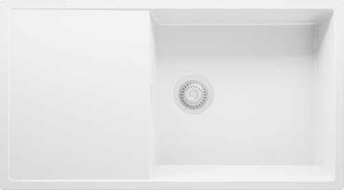 PRIMAGRAN Fregadero Cocina al Mueble 60cm + Kit de desagüe, 90x50cm | Set: Kit de desagüe (sifón, válvula, rebosadero) + Ibiza 1 Seno Granito, Todo Blanco