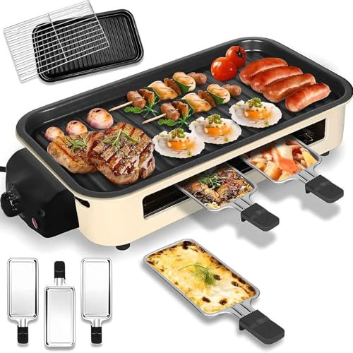 Electric Indoor Grill Machine,1500W Portable Smokeless Korean BBQ Griddle, With Grill Net&Removable Cooking Plate,For3-5People,party, with Mini Non Stick Cheese Pan,Temperature Control Teppanyaki