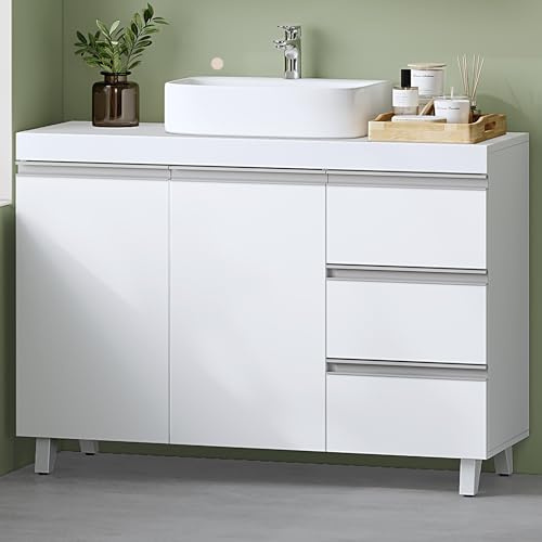 Hzuaneri Meuble sous Lavabo, Meuble sous Vasque, Salle de Bain, 2 Portes, 3 tiroirs, Rangement Spacieux, Autoportan, 30 x 90 x 64 cm, Blanc BC29903X