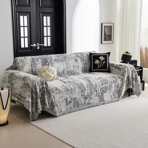 MYSKY HOME Jacquard Sofa Überzug L Form - Sofabezug 3 Sitzer, Sofaüberwurf XXL Waschbar mit Deko Quasten, Vielseitige Sofaschoner, Couchbezug Kratzschutz Sofaschutz Katze, 230 x 380cm，Dunkelgrau
