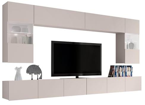 Mirjan24 Moderne Wohnwand Calabrini I, Anbauwand, Mediawand, Hängevitrine, TV Lowboard, Wandregal, Wohnzimmerschrank, Fernsehschrank (mit weißer LED Beleuchtung, Cashmere)