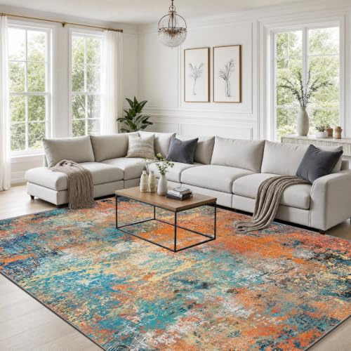 Teppich Wohnzimmer Modern Blau gelb Waschbare Teppich groß 200x300cm | Abstrakt Muster Teppich Schlafzimmer Rutschfest Kurzflor Rugs for Living Room Carpet for Esszimmer Büro