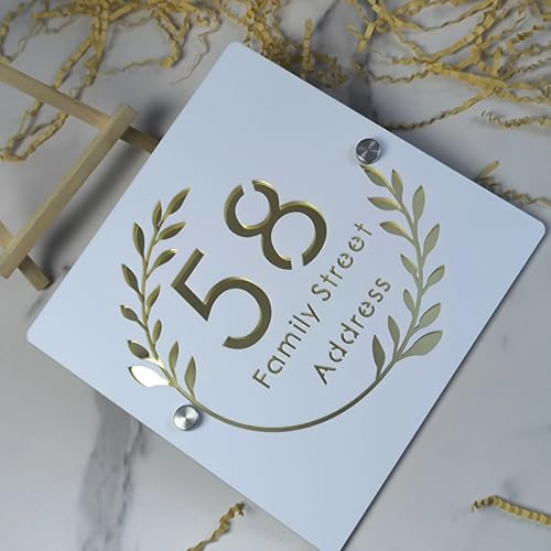 Letrero de número de casa acrílico cortado con láser, números de puerta personalizados, placa de dirección para el hogar (oro blanco)