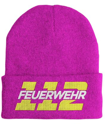 tshirtladen Beanie Feuerwehr 112 Mütze Bestickt – Strickmütze Feuerwehr Wintermütze mit gelb weißer Stickerei – Einsatzmütze für Herren Damen – ideal für Freizeit Beruf Feuerwehrfans