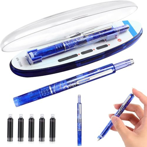 Natwo Retractable Fountain Pen, Refillable Fountain Pen, Fountains Pens Retractable: 0.38mm Blue&Black Ink Transparent Barrel Includes 5 Refillable Ink Cartridges for Smooth Writing No Leaking (Blue)
