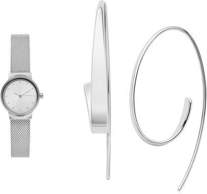Skagen Damen Freja Lille Silberfarbene Edelstahl Uhr und Kariana Ohrringe, Set