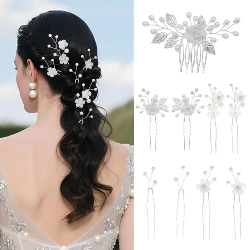 XFSRG 9 Stück Braut Haarschmuck Set Haarkamm Hochzeit mit Blumen-Motiv Kopfschmuck U-förmige Haarnadeln für Frauen und Mädchen