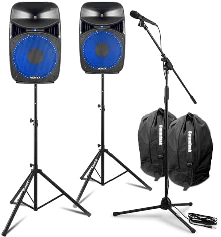 Vonyx VPS122A 12 Bluetooth Active Party Speaker System & Microphone Kit with Adjustable Stands, Dynamic Mic, LED Light Show & Carry Bags – Ideal Home Karaoke System for Parties & Events