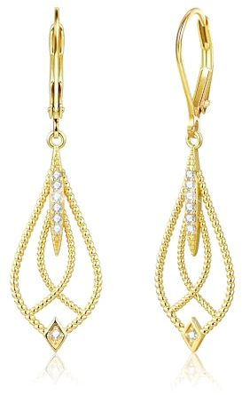 14K Gold Hängend Ohrringe Damen Gedrehte Glitzer Zirkonia Anhänger Ohrring