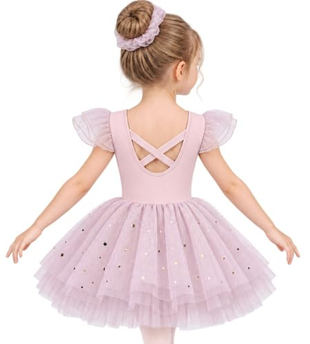 LYZOURBB Baby Girls Ruffle Sleeve Ballet Dress Kids Crossed-back Shiny Tulle Ballet Leotard Ballerina Costume Dress for Dance Girls 1-6 Years