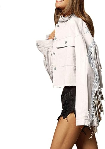 Chaqueta de mezclilla con flecos y lentejuelas para mujer, con borde lavado, para niñas, blanco, M