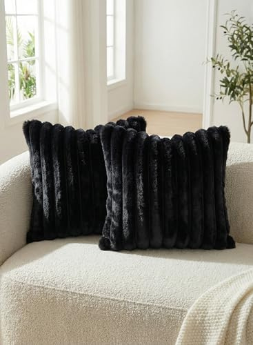 Neelvin 2er Set Dekorative Flauschig Plüsch Kissenbezug Gestreifte Künstlich Pelz Kissenbezüge Kissenhülle Dekokissen Zierkissenbezüge Sofakissen für Couch Sofa Wohnzimmer 40x40cm Schwarz