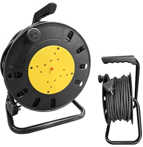 4 Socket Extension Reel, 25m Outdoor Extension Lead, Heavy Duty Extension Cable, Thermal Cut Out, Extension Lead for Garden Lawn Mower Office, 13A Fused UK Plug, Yellow/Black