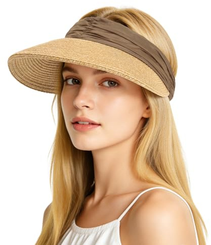 AYPOW Sombrero de Paja para Mujer, Sombrero de Sol de con ala Visera Ancha UV Protección, Plegable Ligero Transpirable Sombrero de Playa Verano para Viajes y Vacaciones