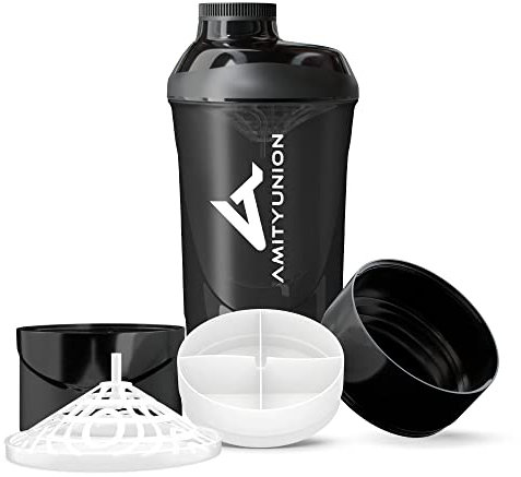 AMITYUNION Shaker Deluxe - Proteína Shaker a prueba de fugas - BPA libre y con la escala tamiz de polvo de proteína de suero cremoso sacude 700ml (negro ahumado cup)