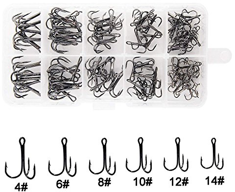 Kit d'hameçons triples en Acier à Haute teneur en Carbone - Courbure Ronde et Pointue pour leurres - 110 pièces/boîte - Assortiment de 6 Tailles 2#-14#