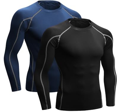 Niksa 2 Pack Long Sleeve Running Tops Mens,Base Layers Compression Top T-Shirts,Quick Dry Wicking Gym Athletic Training Workout Tee Shirts(Black&Navy Blue,S)