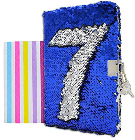 VIPbuy Diario de viaje con lentejuelas reversible Magic con forro y llave, tamaño A5 (21,5 x 14 cm), 78 hojas, azul a plateado