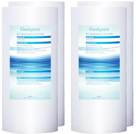 Geekpure Cartucho de filtro de sedimentos de polipropileno PP de 10 pulgadas para sistema de filtro de agua de toda la casa, 4,5 x 10- 5 micrón (paquete de 4)