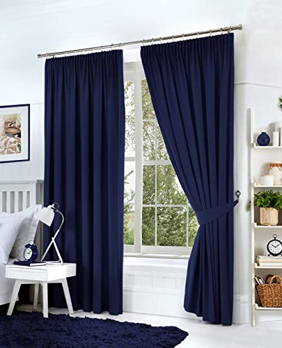 Hachette Thermal Blackout Curtains Pencil Pleat Tape Top Including Pair of Tiebacks (Navy Blue, 90 X 90)